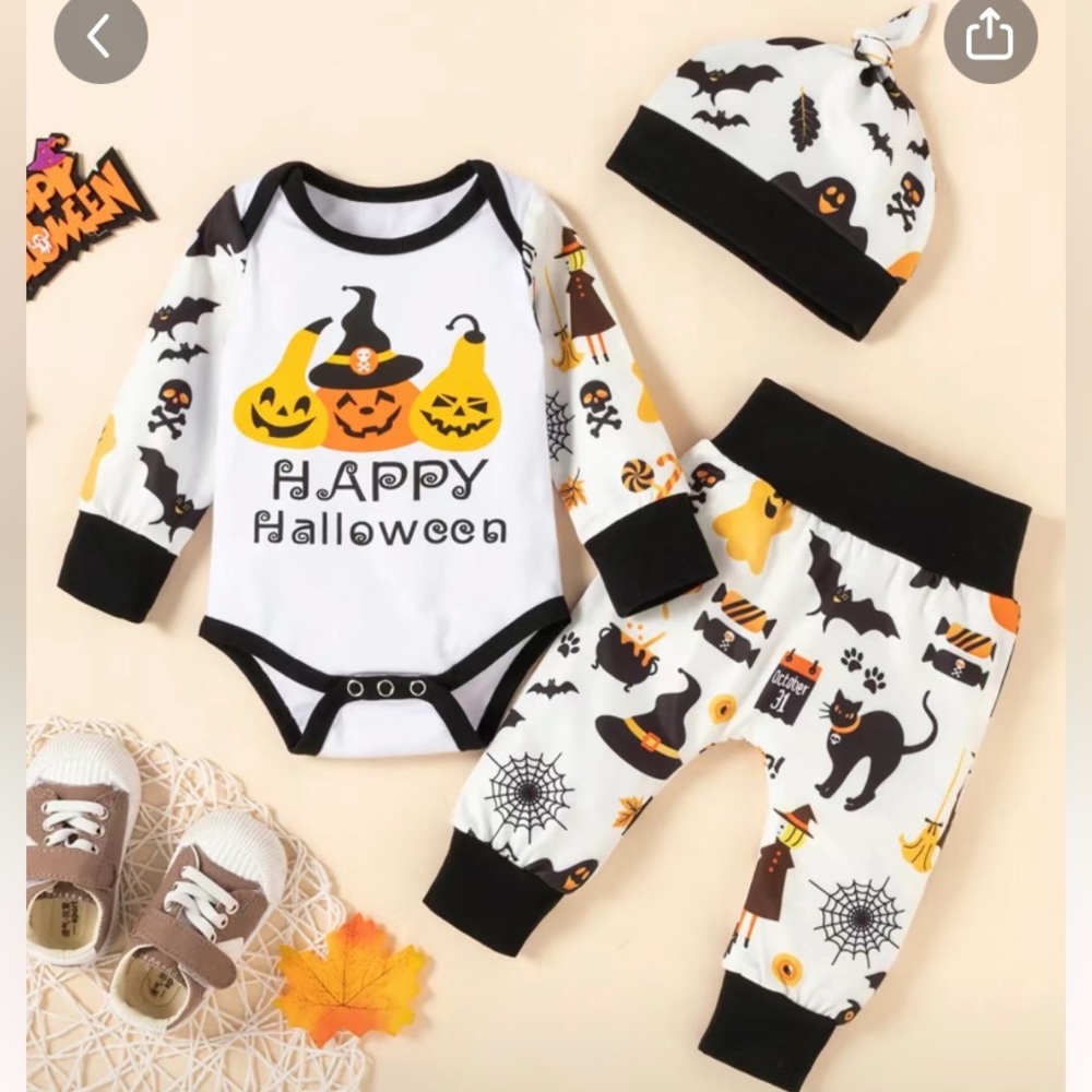 3pcs Baby Halloween Letter Skeleton Bat Printed Jumpsuit & Pants， 3-6month
